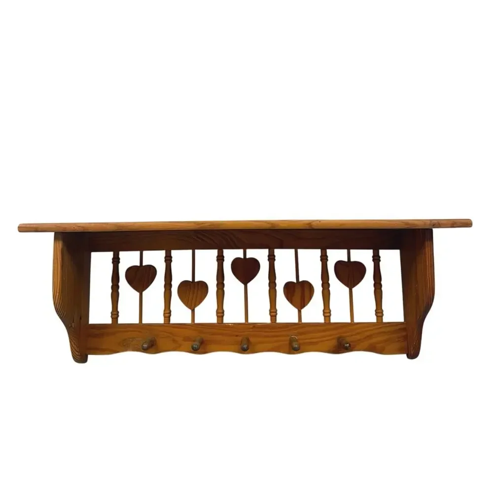Vtg Wooden Heart Spindle Wall Shelf Five Pegs 23 inch Cottagecore Farmhouse